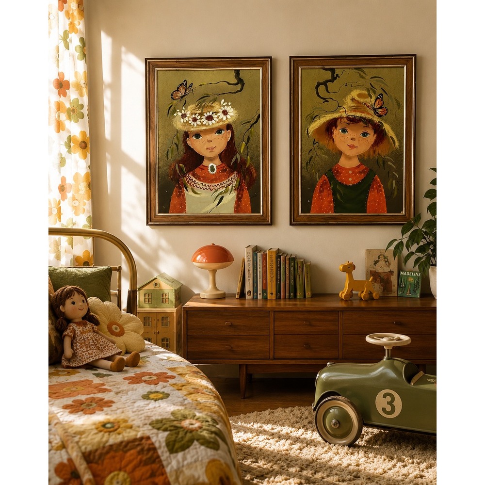 Vintage Lola Cabot Big Eye Girl Paintings Pair 16x20 Mid Century Wall Art
